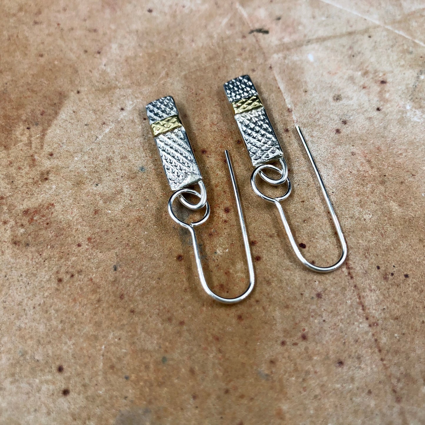 Contemporary Style Silver & Brass Textured Earrings