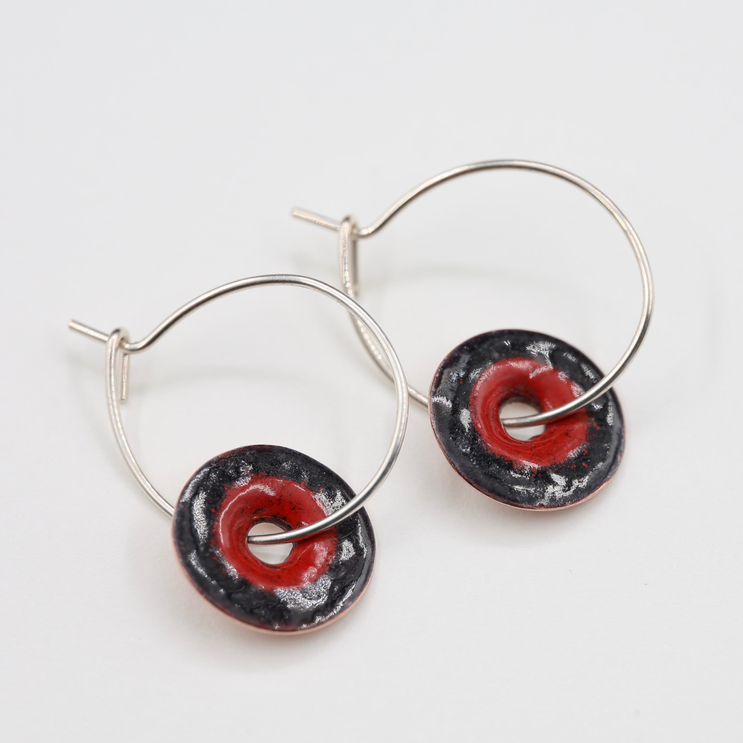 Red & Black Enamel Earrings / Large Hoops