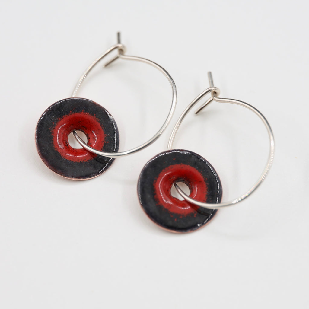 Red & Black Enamel Earrings / Large Hoops