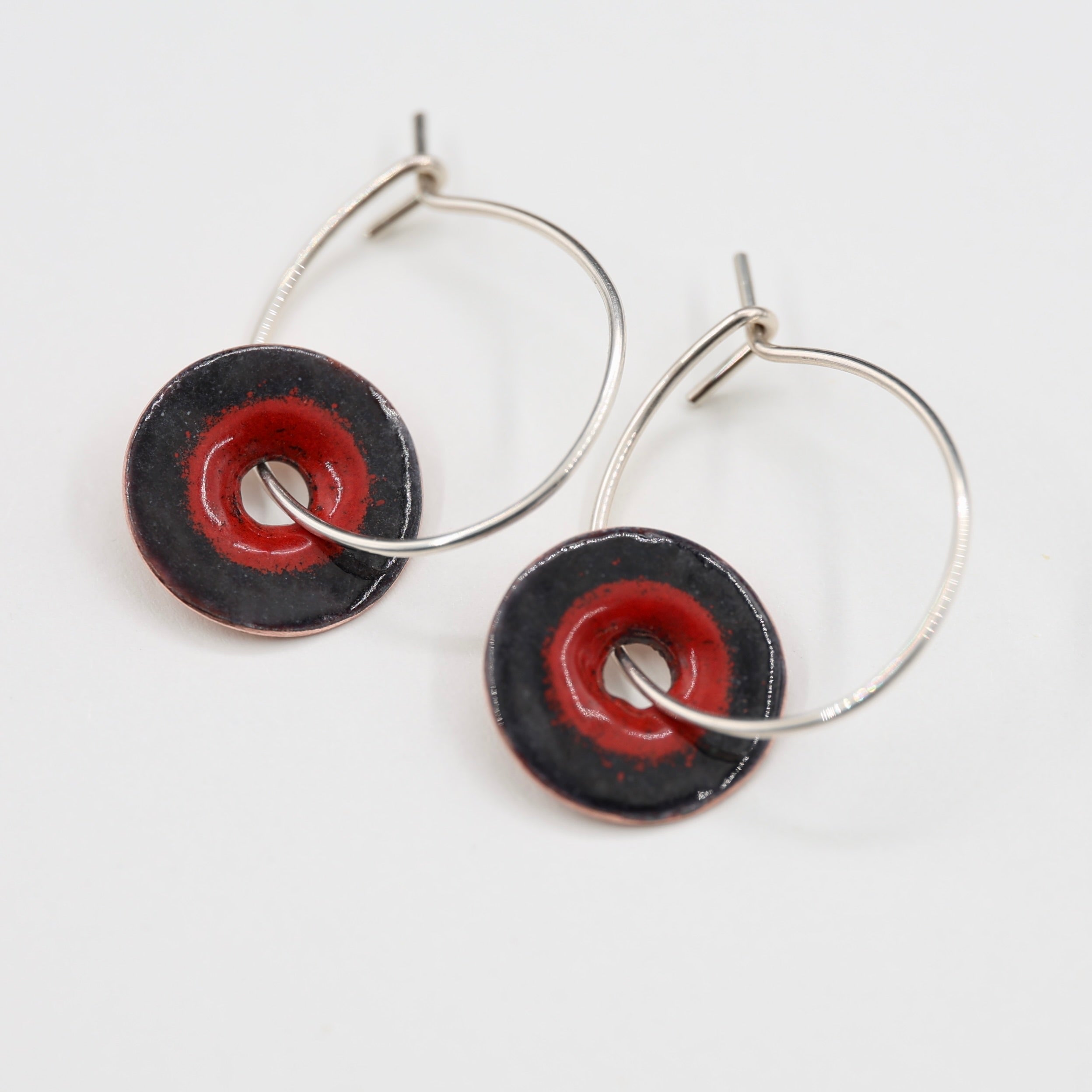Red & Black Enamel Earrings / Large Hoops