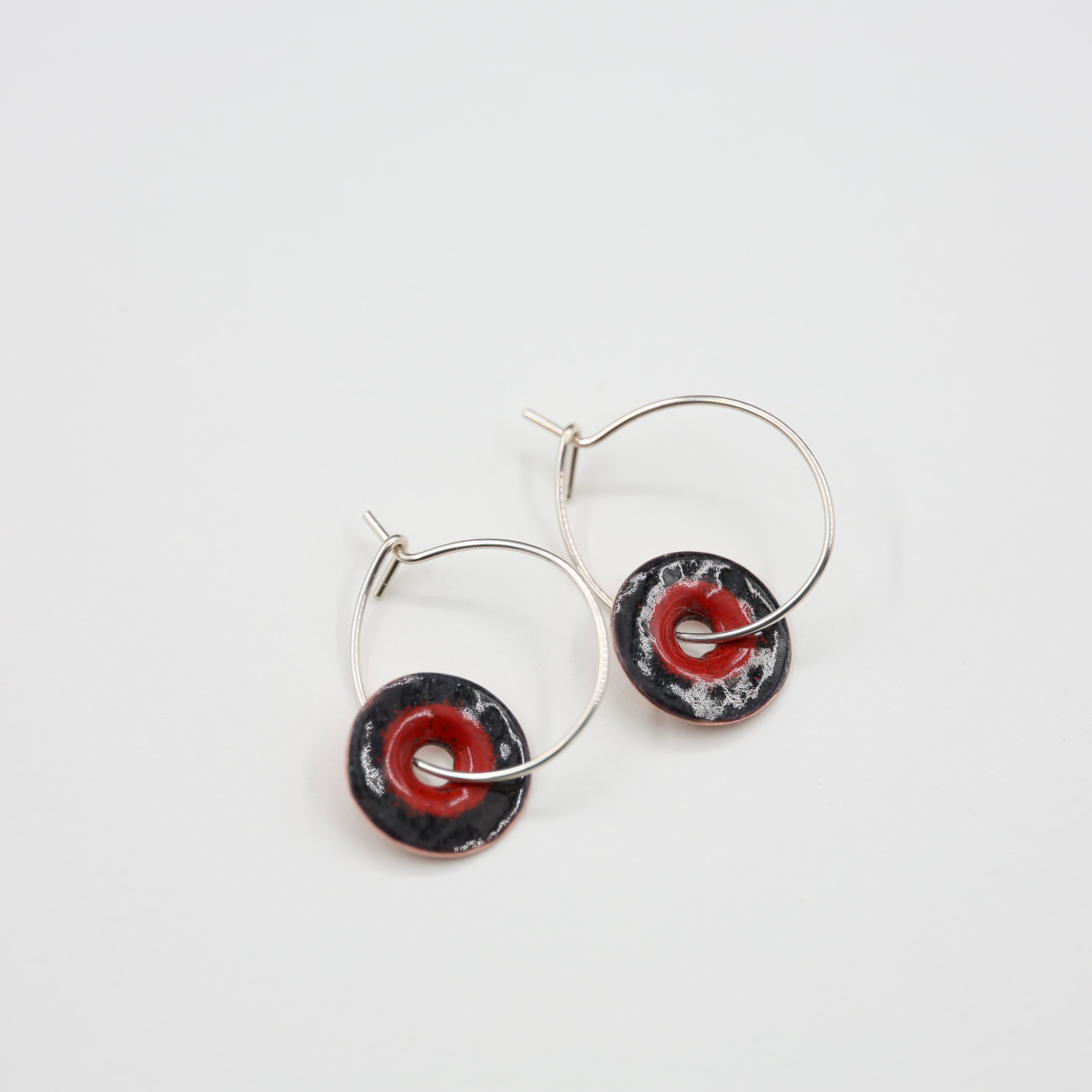 Red & Black Enamel Earrings / Large Hoops