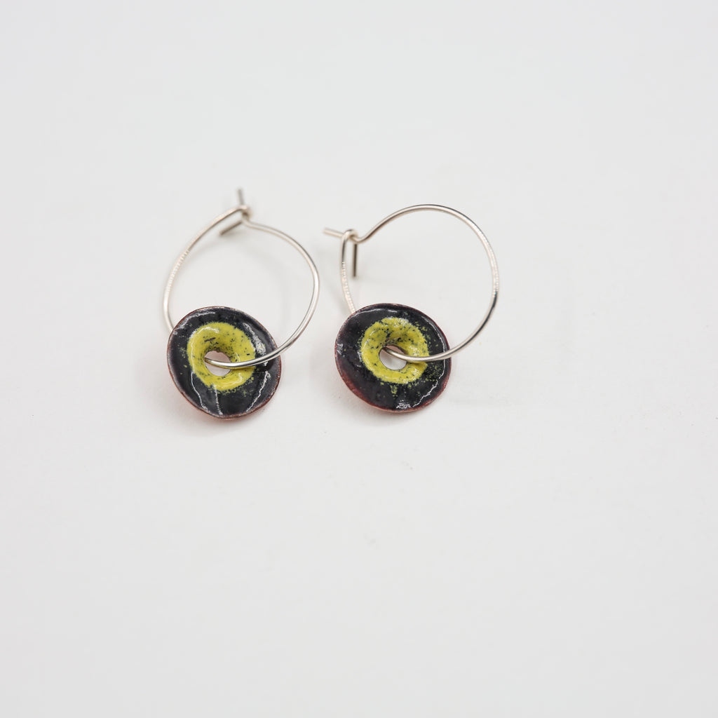 Black & Yellow Enamel Earrings / Large Hoops