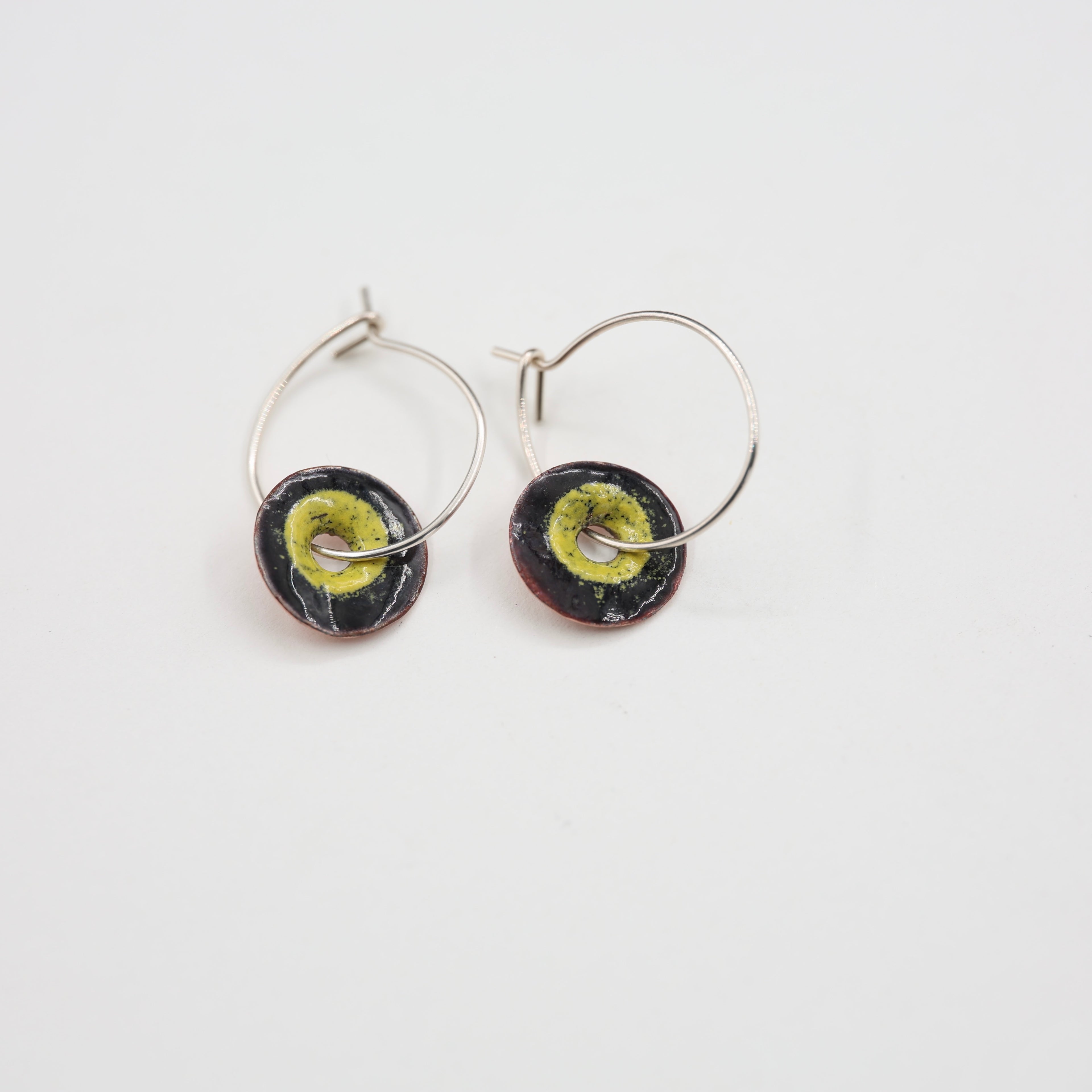 Black & Yellow Enamel Earrings / Large Hoops