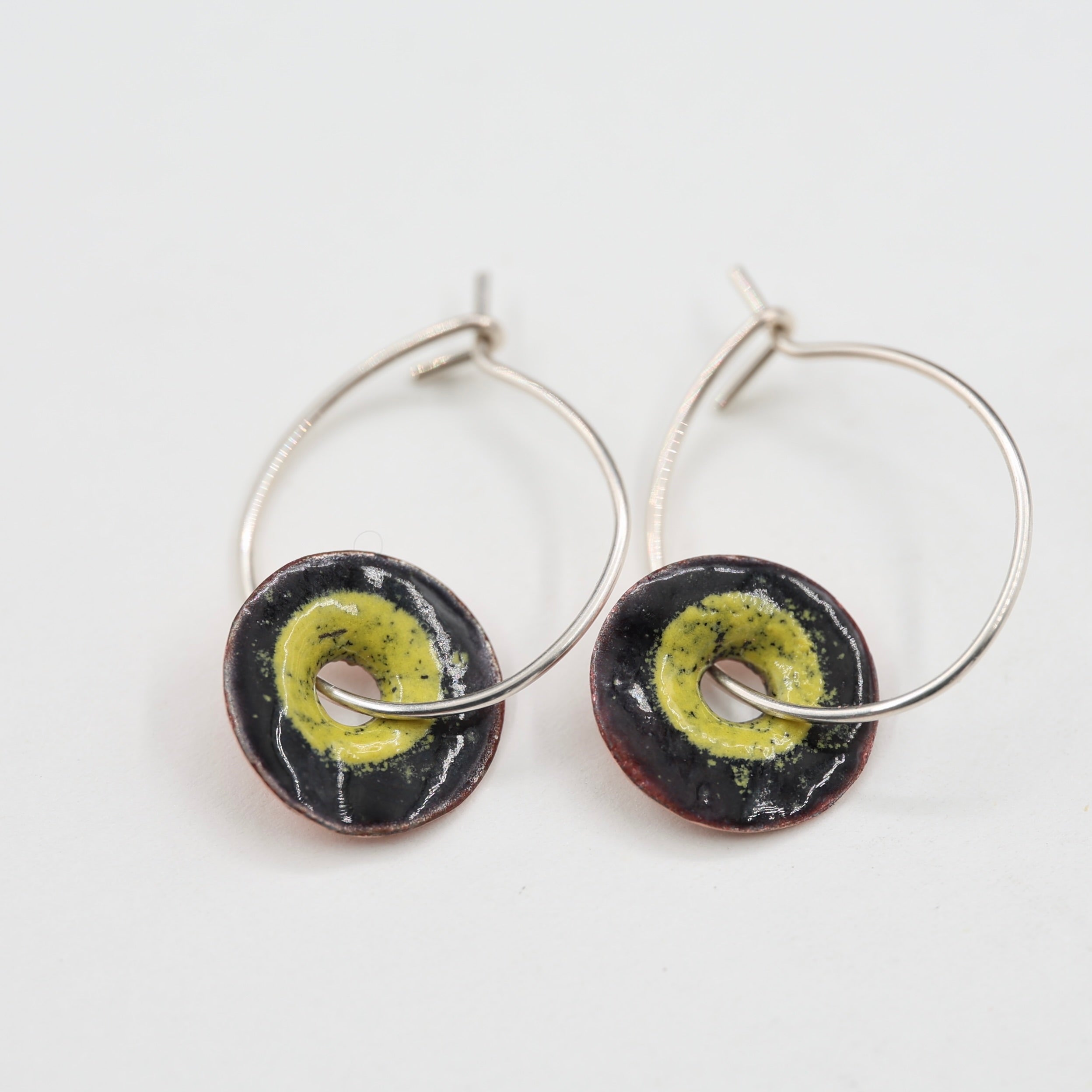 Black & Yellow Enamel Earrings / Large Hoops