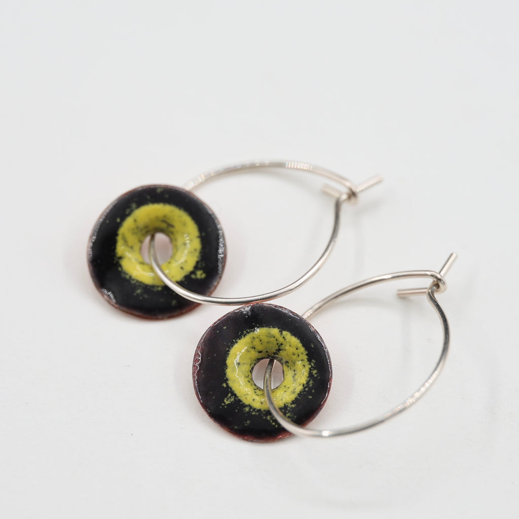 Black & Yellow Enamel Earrings / Large Hoops