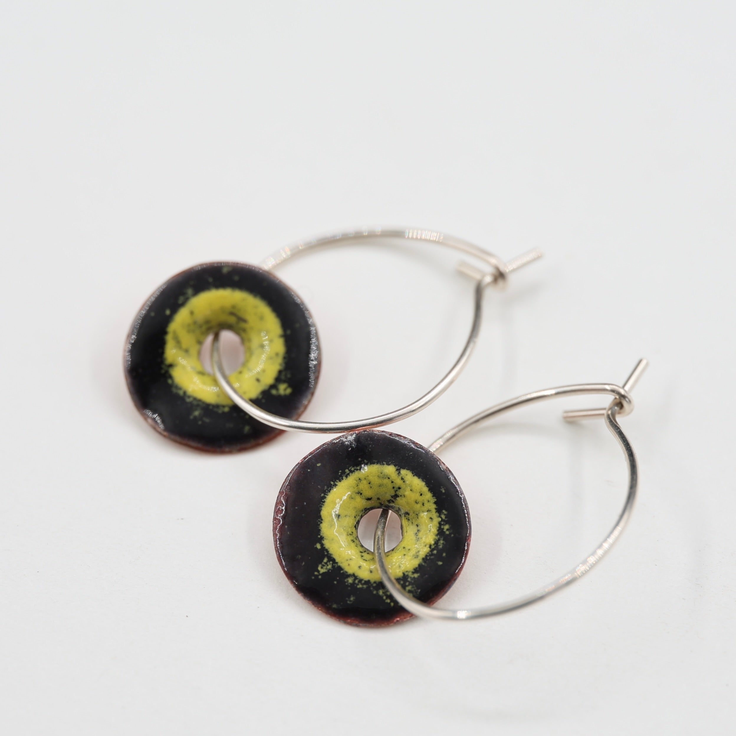 Black & Yellow Enamel Earrings / Large Hoops