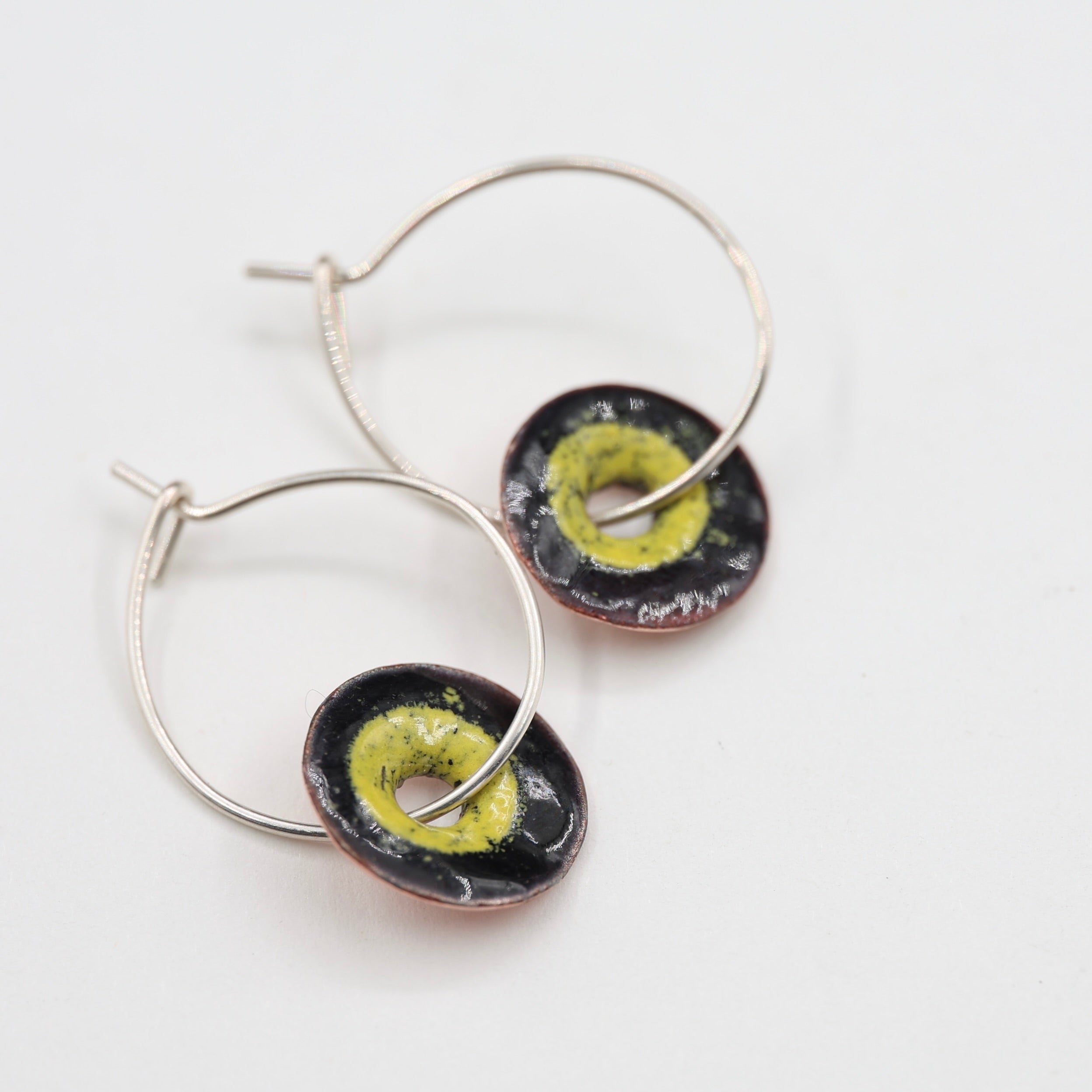 Black & Yellow Enamel Earrings / Large Hoops