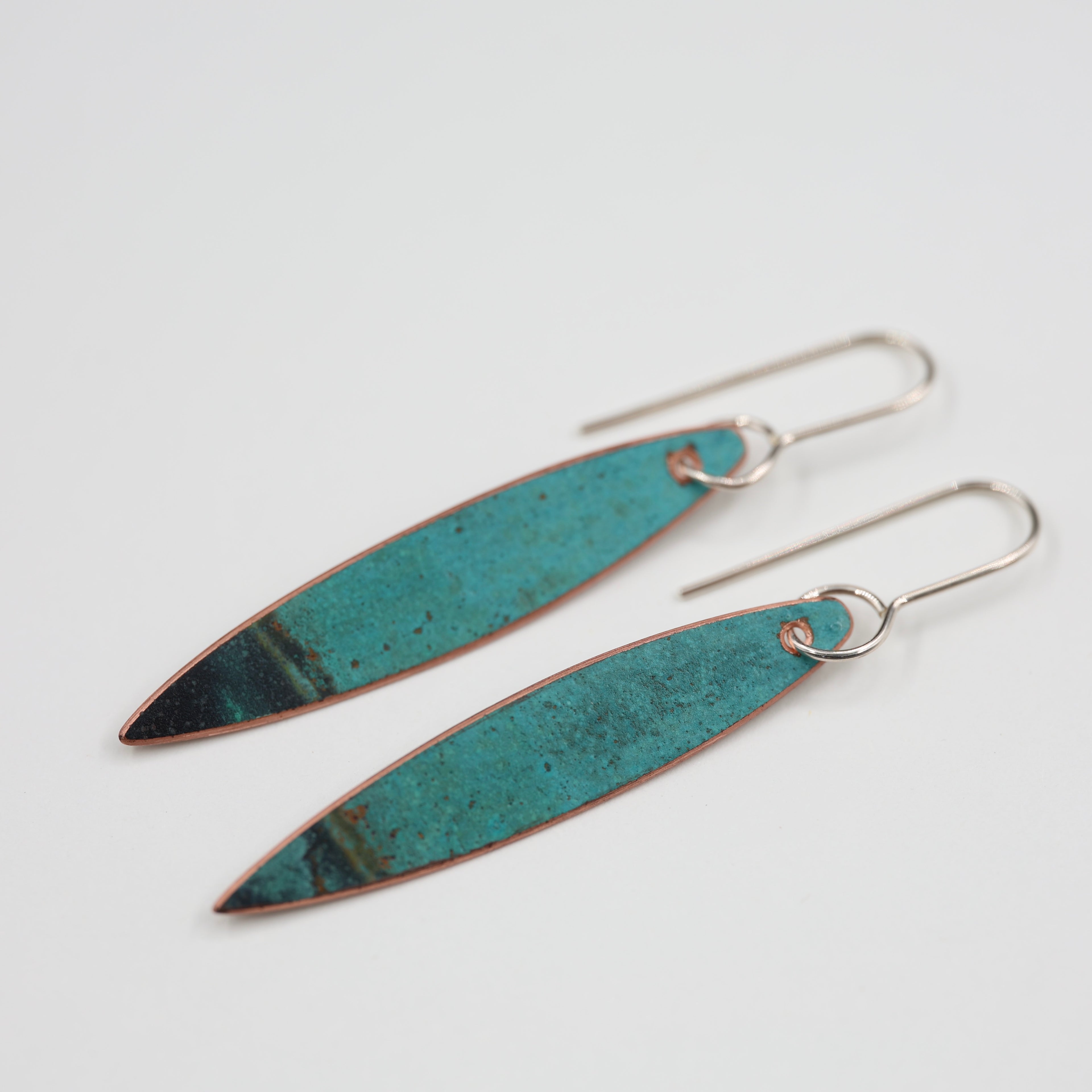 Copper Patina Earrings - Narrow Leaf