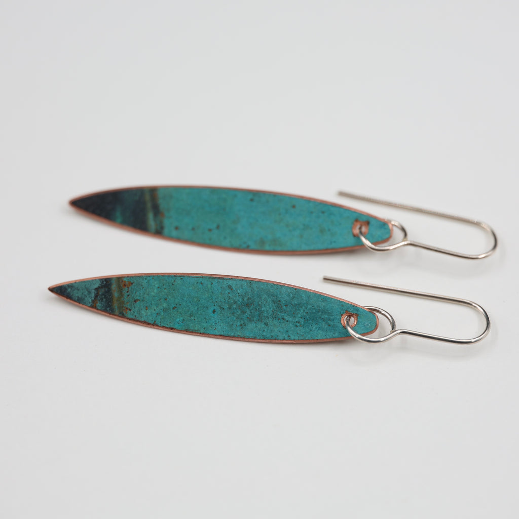Copper Patina Earrings - Narrow Leaf