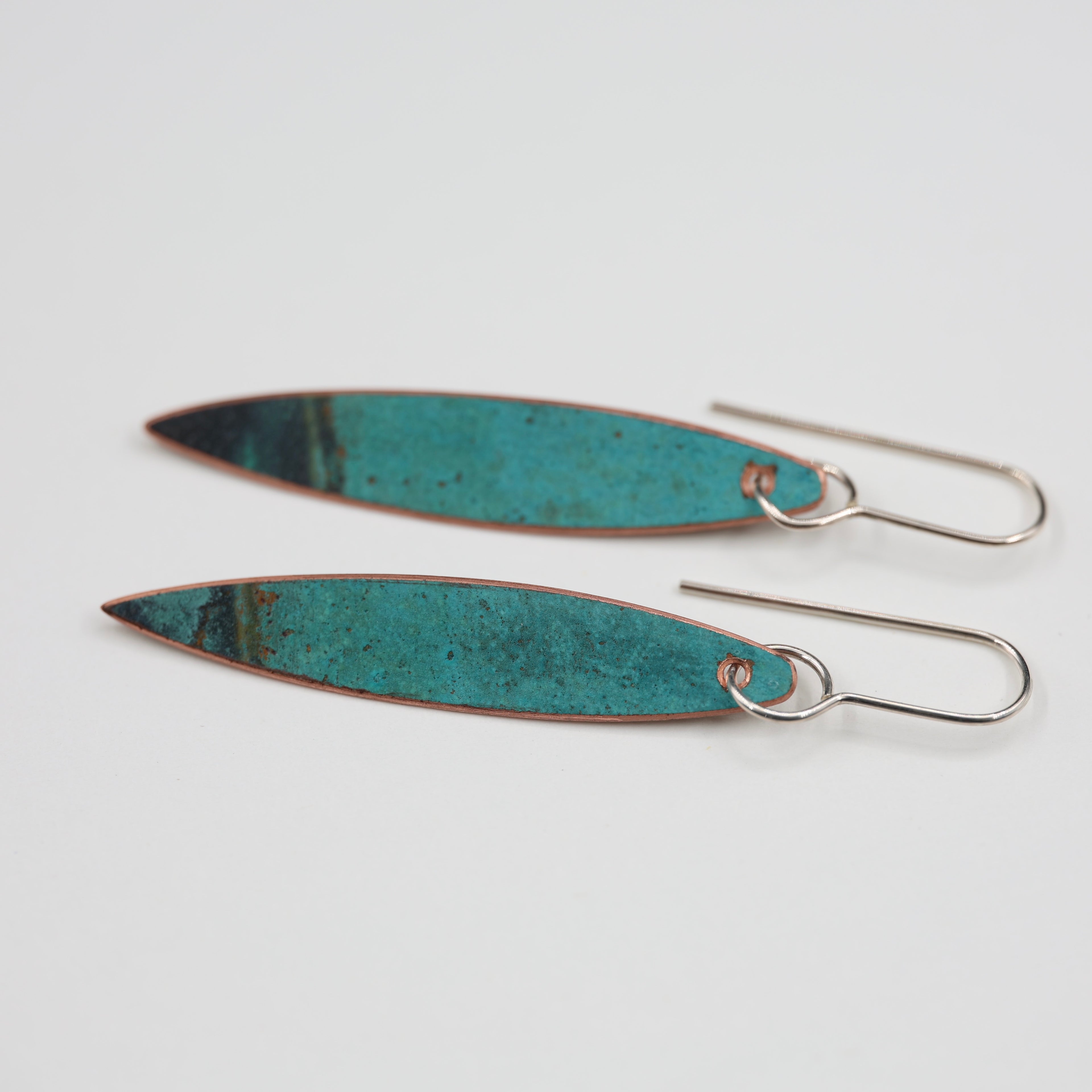 Copper Patina Earrings - Narrow Leaf