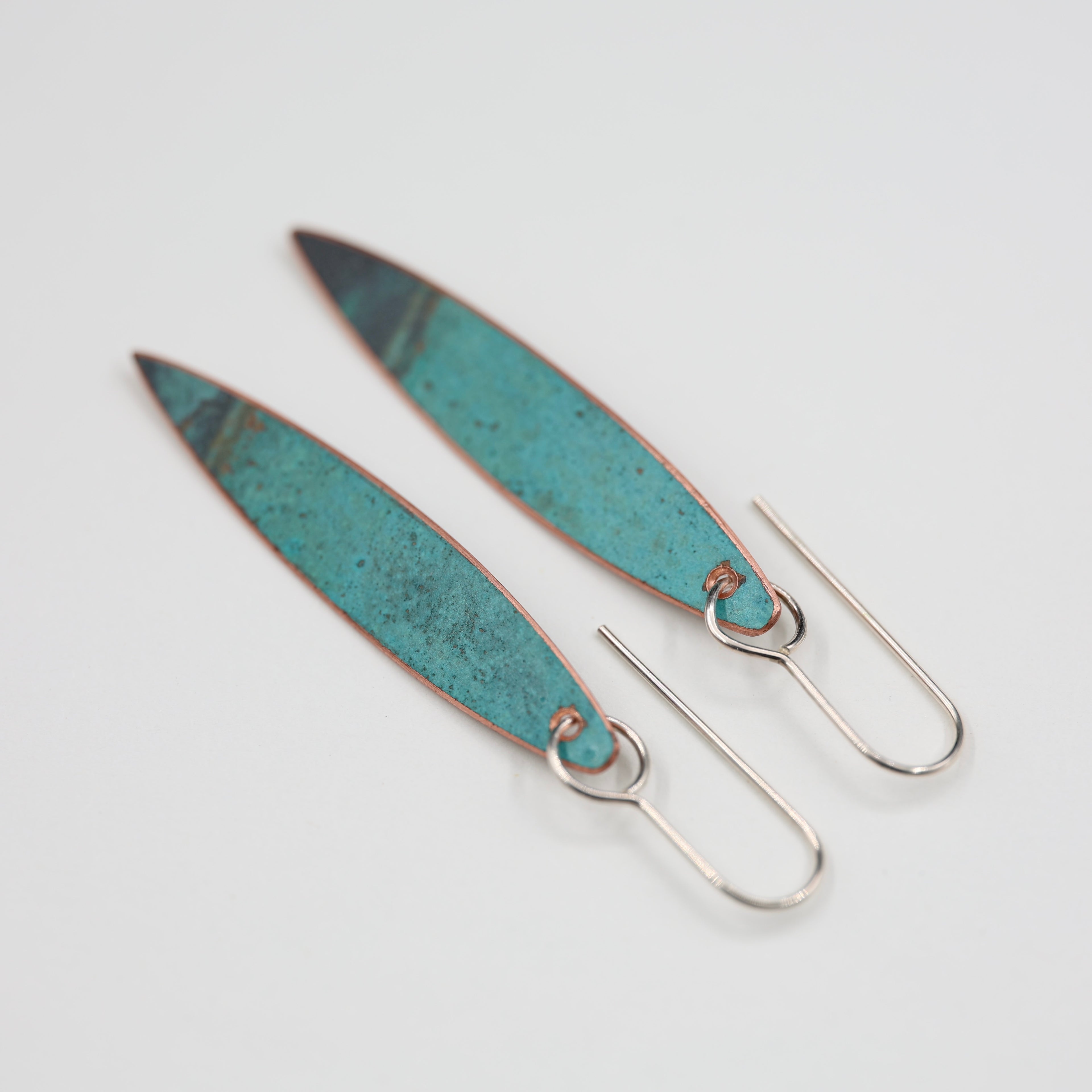 Copper Patina Earrings - Narrow Leaf