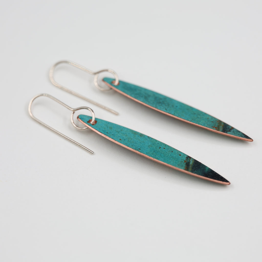 Copper Patina Earrings - Narrow Leaf