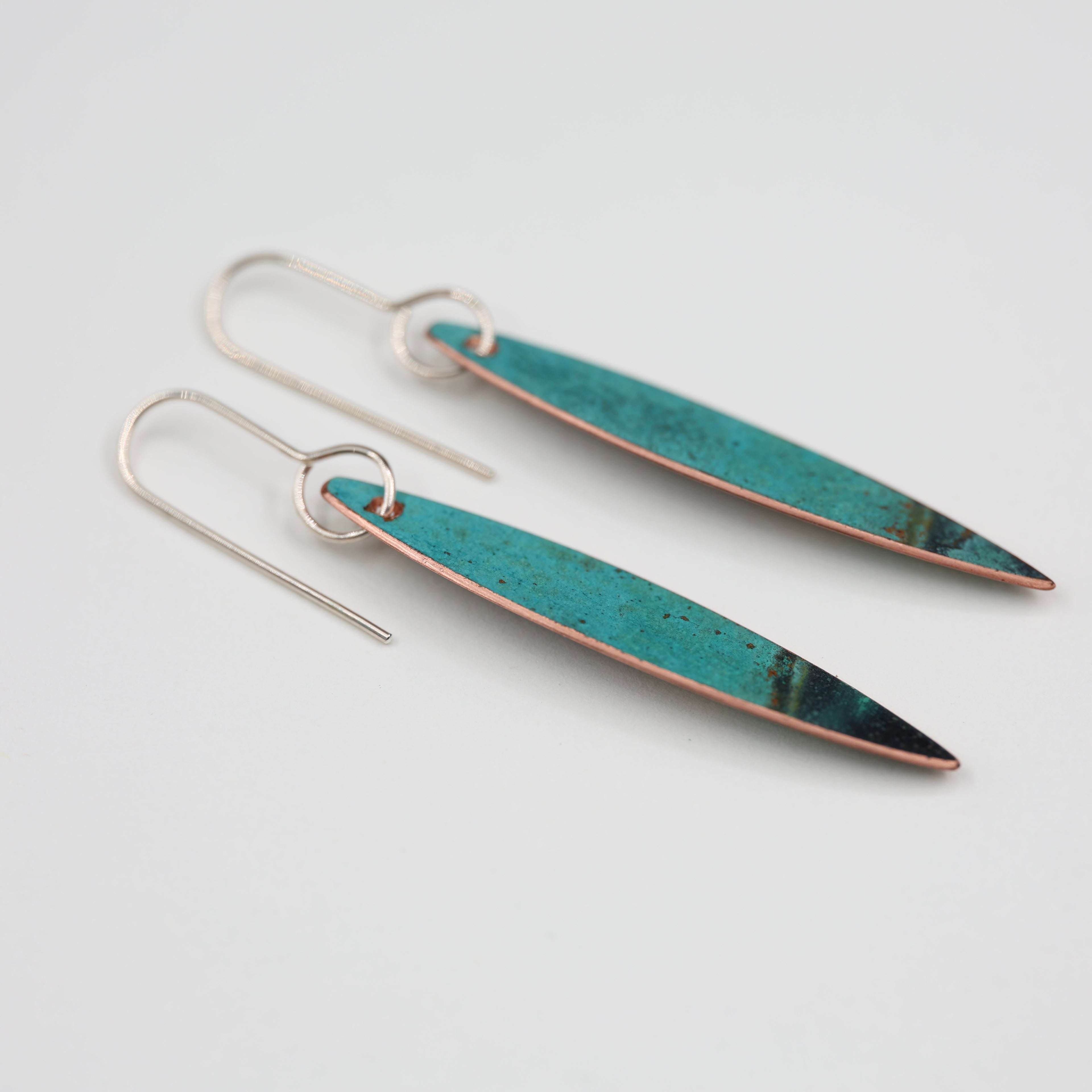 Copper Patina Earrings - Narrow Leaf