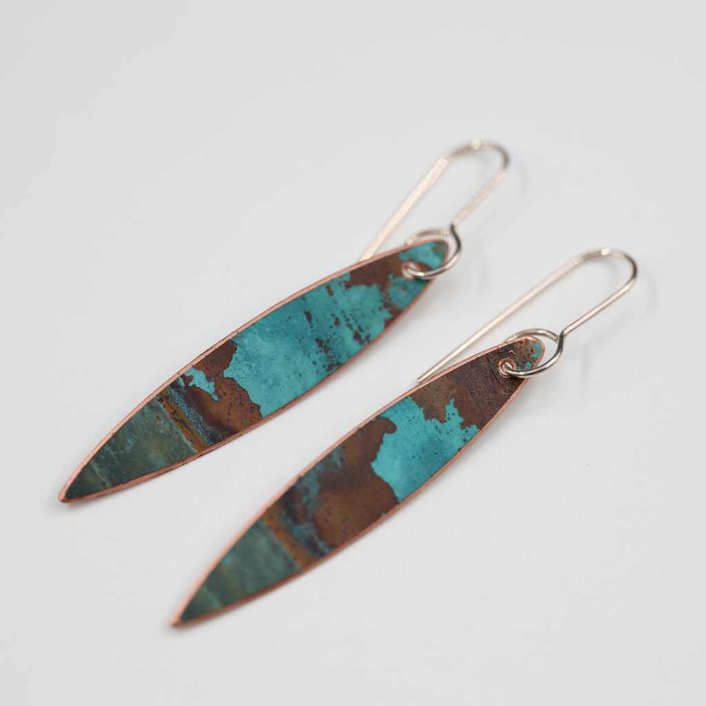 Copper Patina Earrings - Narrow Leaf 2