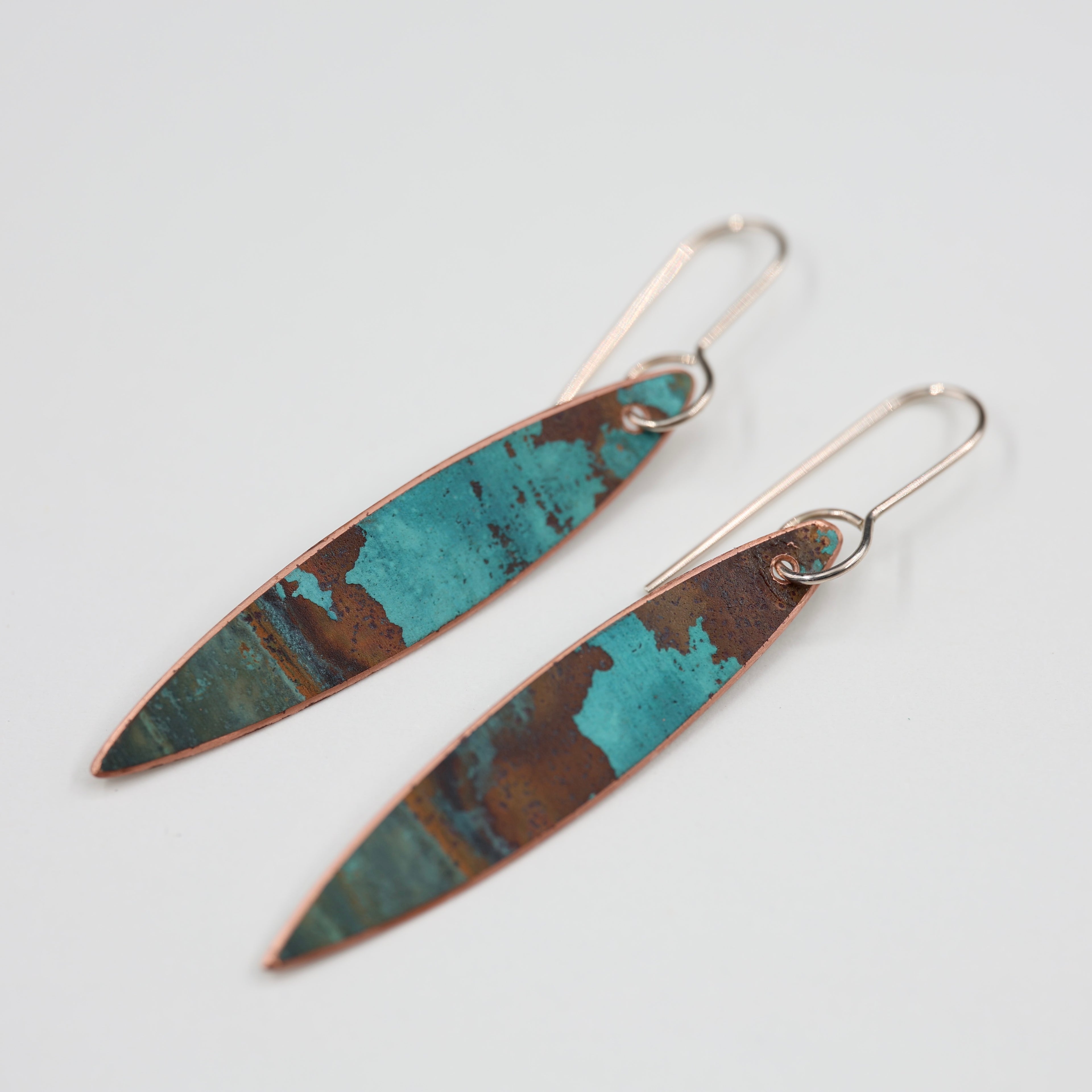 Copper Patina Earrings - Narrow Leaf 2