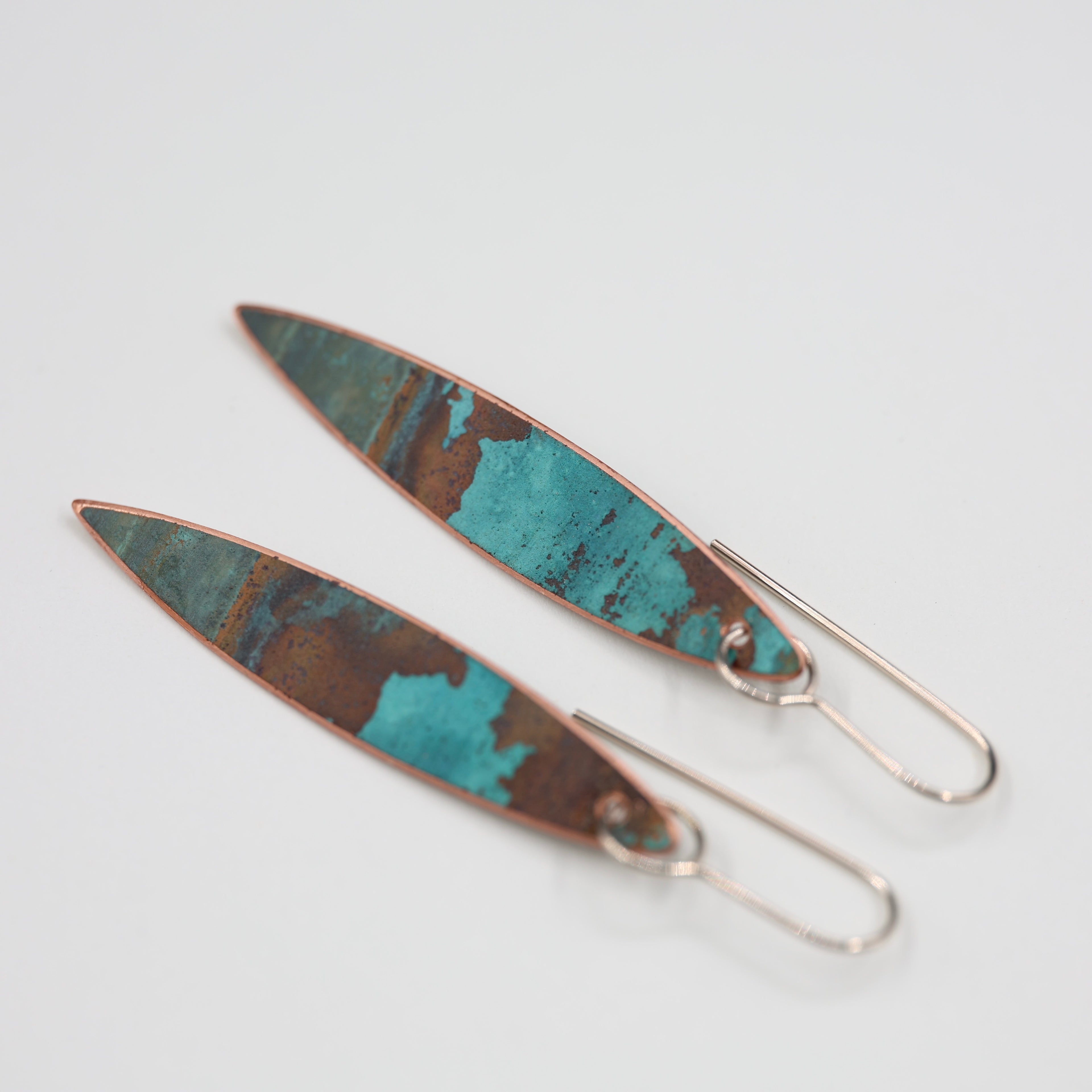 Copper Patina Earrings - Narrow Leaf 2