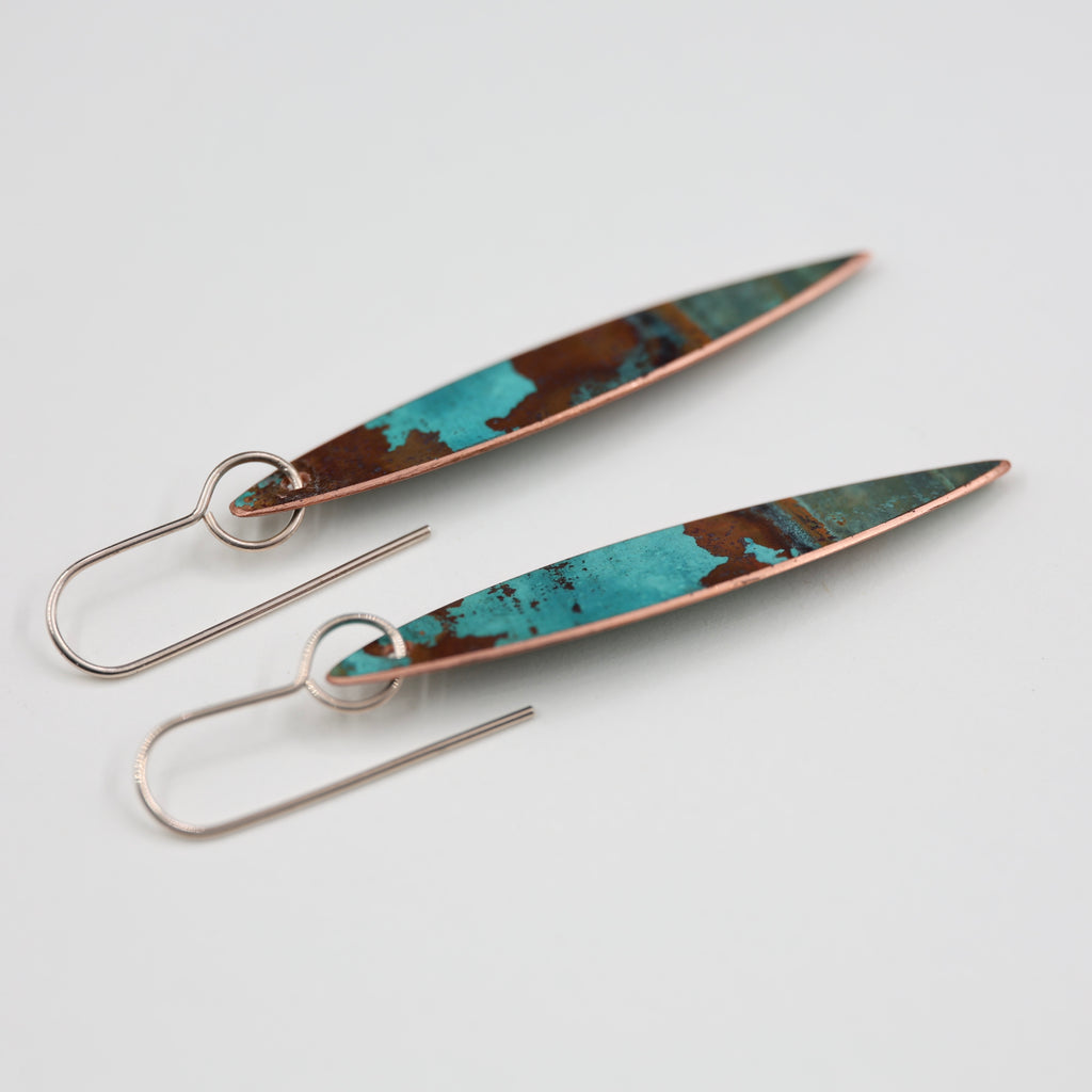 Copper Patina Earrings - Narrow Leaf 2