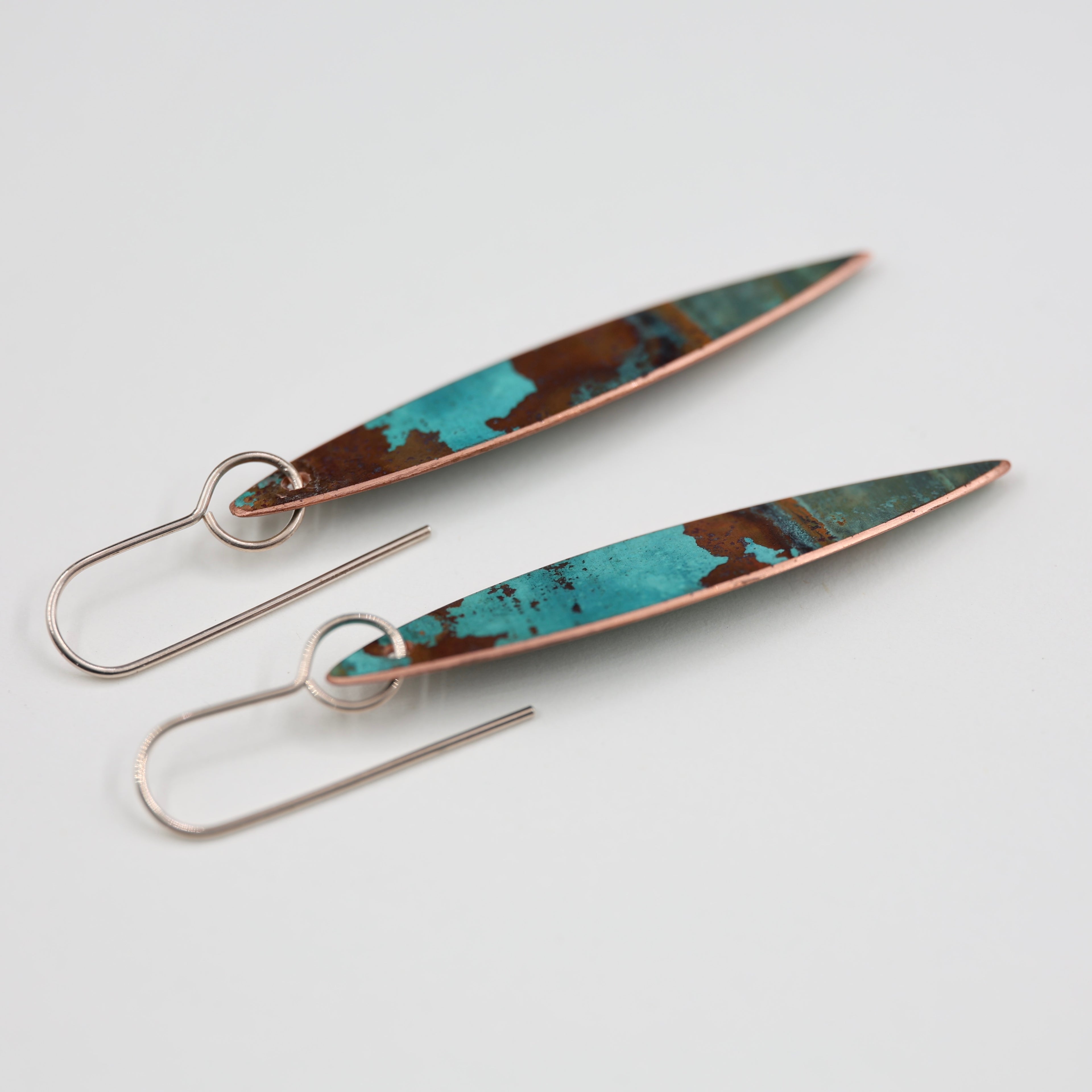 Copper Patina Earrings - Narrow Leaf 2