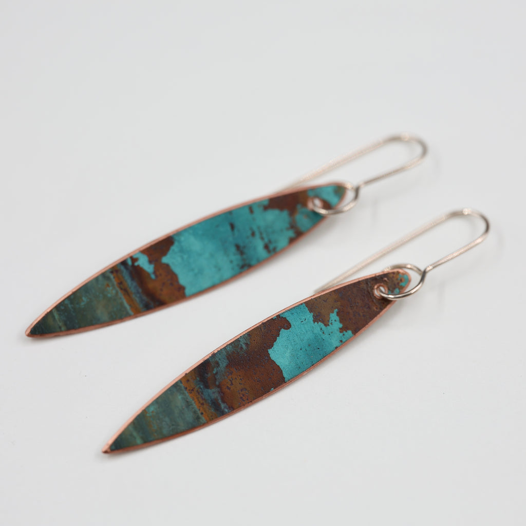 Copper Patina Earrings - Narrow Leaf 2