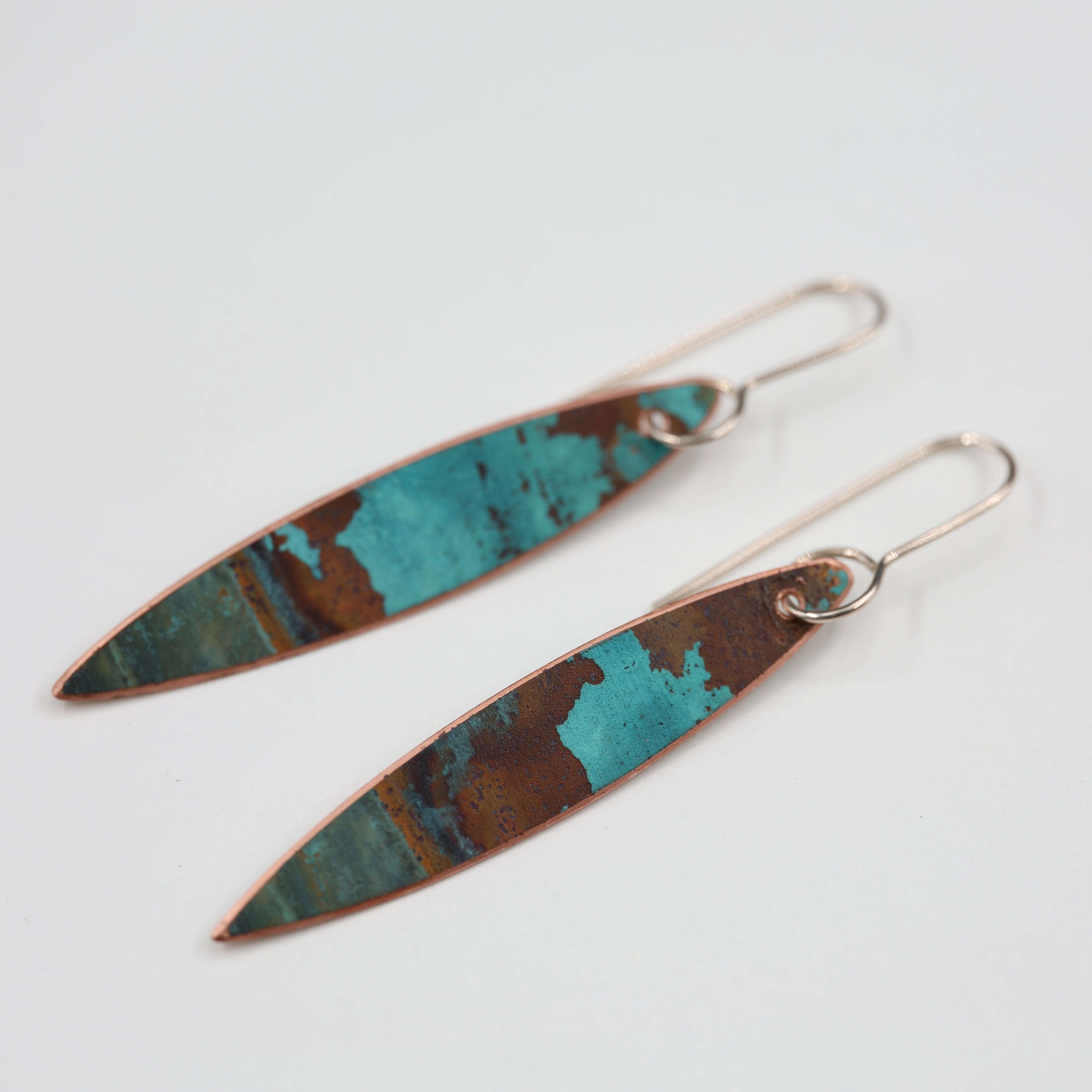 Copper Patina Earrings - Narrow Leaf 2