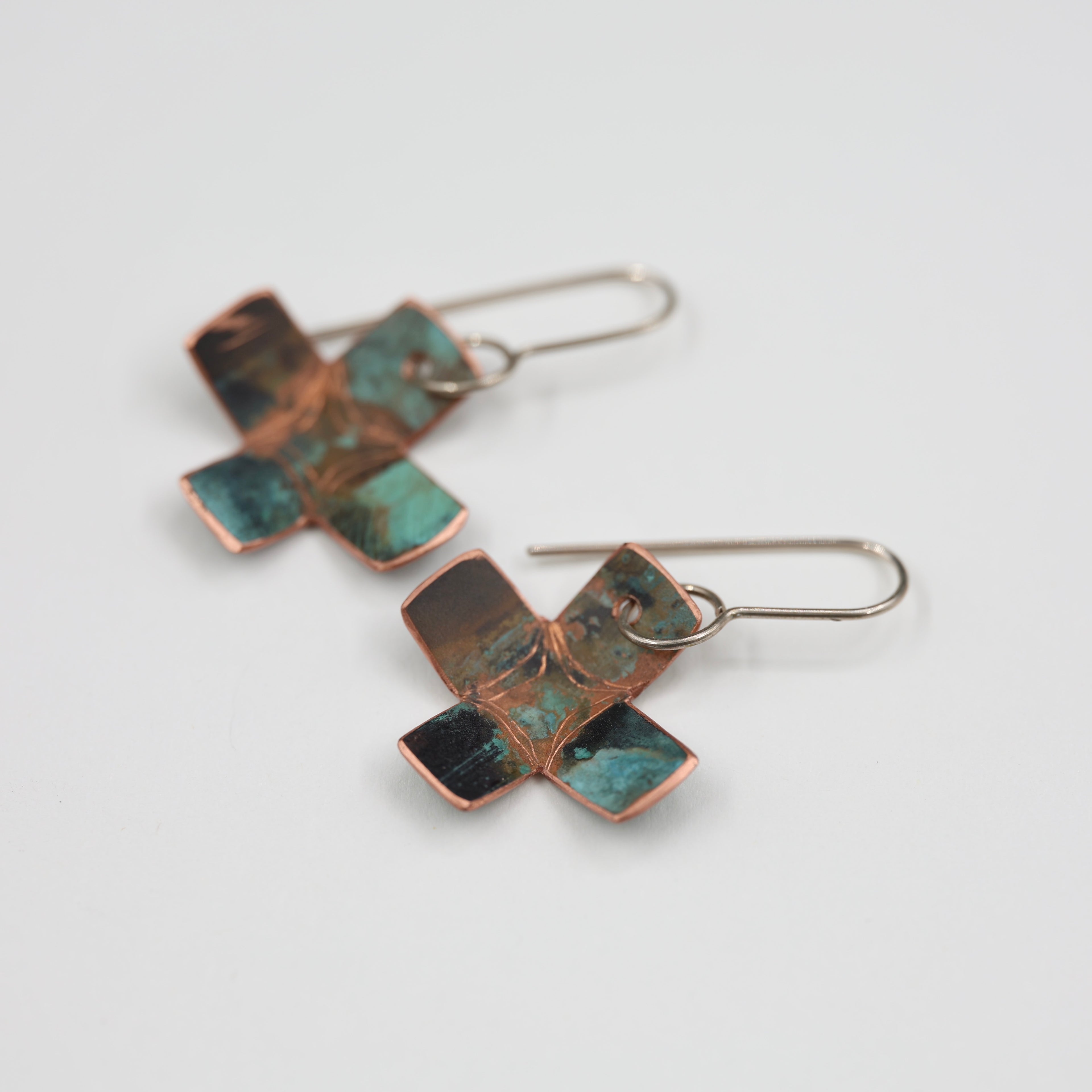 Copper Patina Earrings - Cross