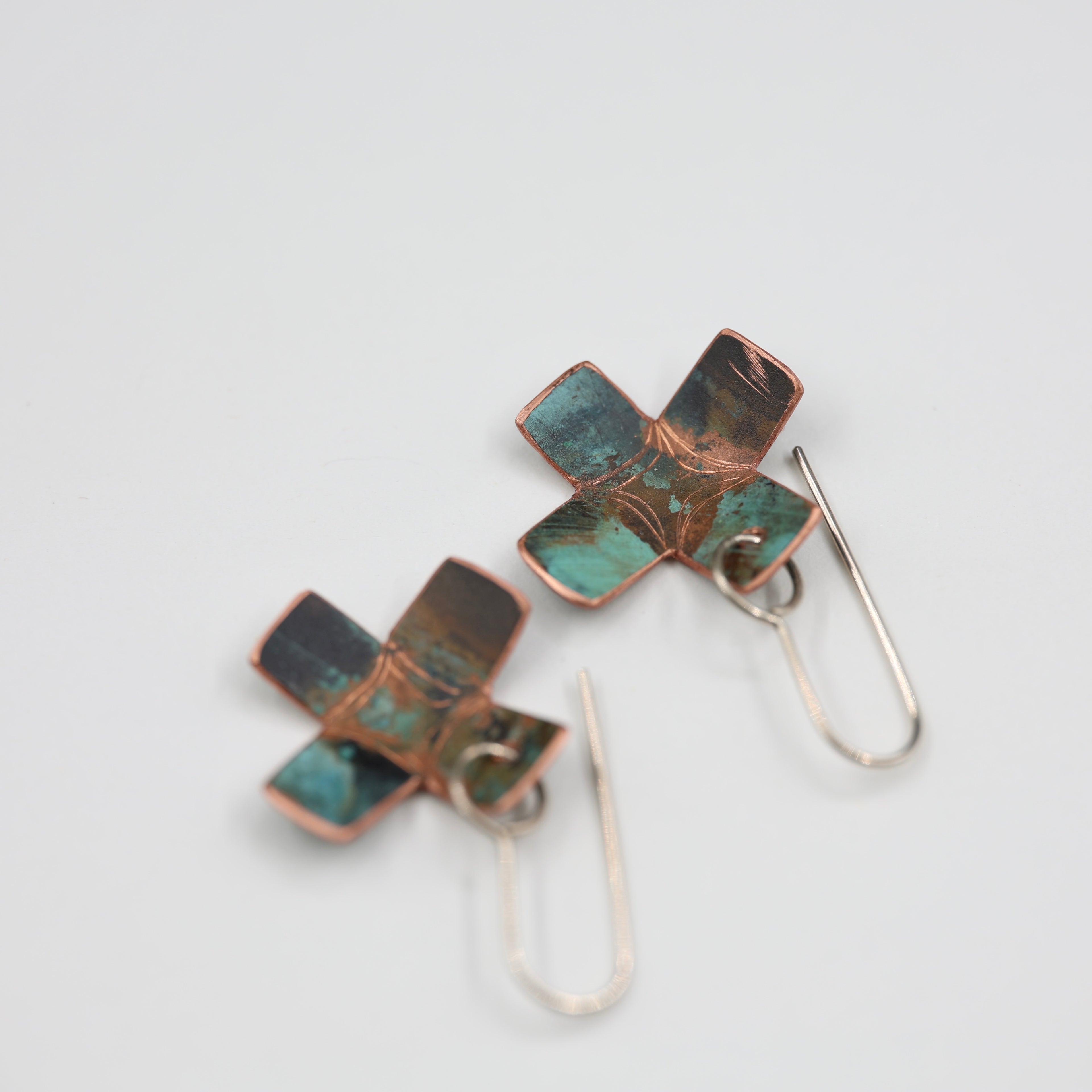 Copper Patina Earrings - Cross