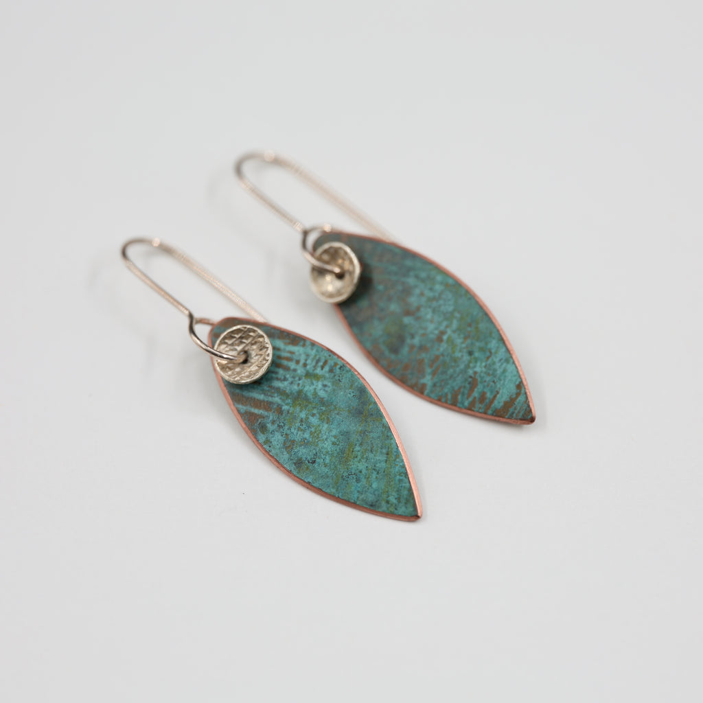 Copper Patina and Silver Disc Earrings - Small Leaf