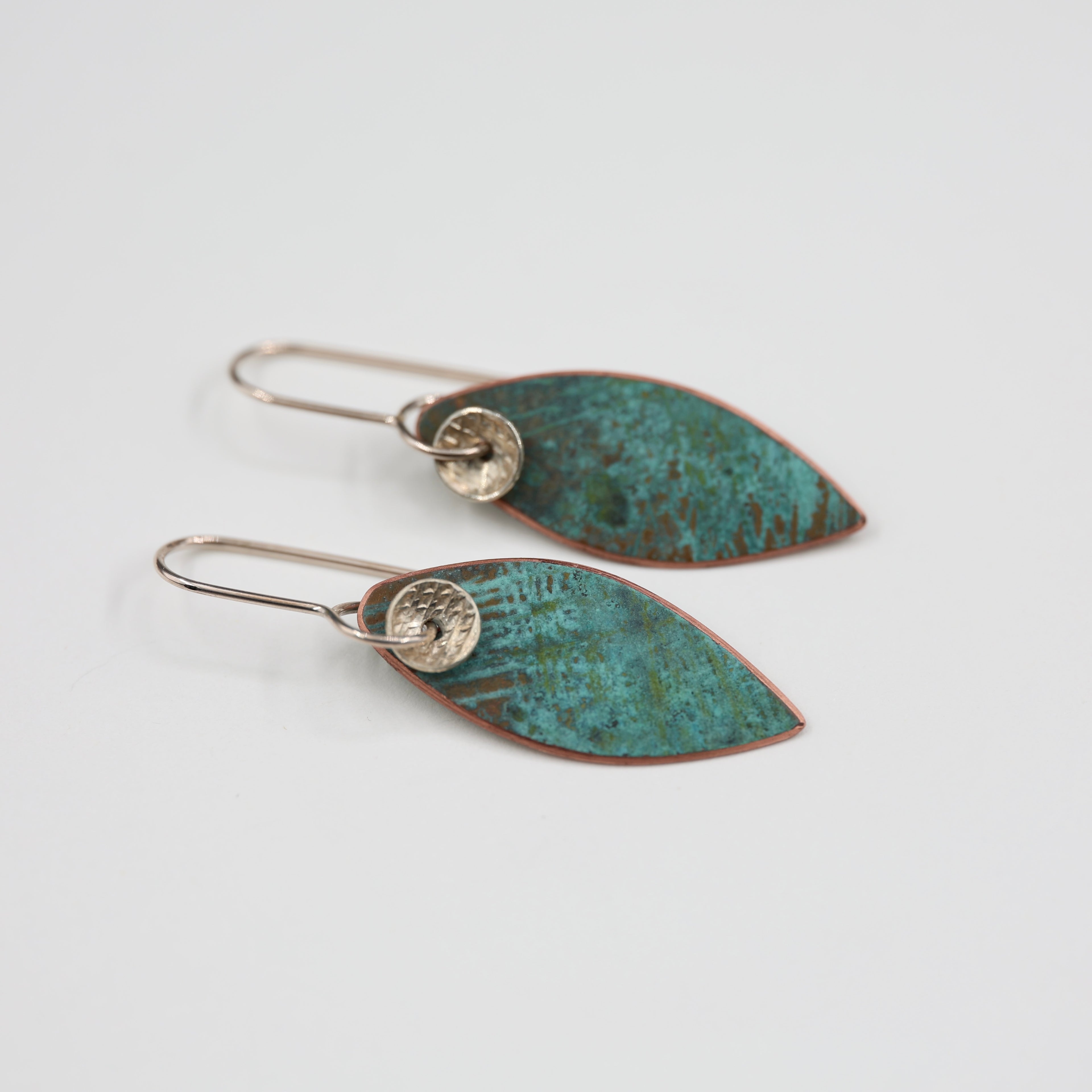 Copper Patina and Silver Disc Earrings - Small Leaf