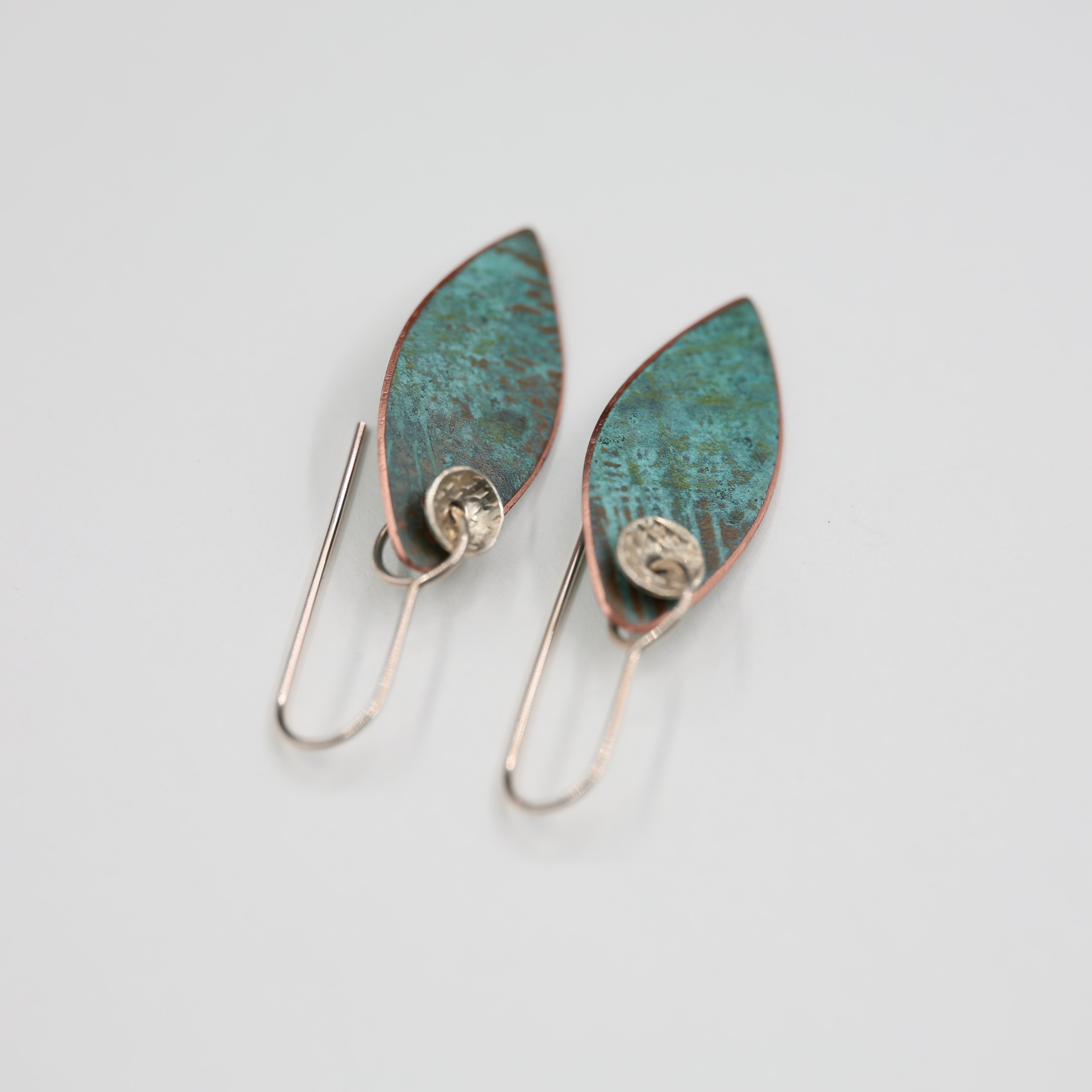 Copper Patina and Silver Disc Earrings - Small Leaf