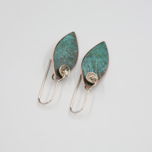 Copper Patina and Silver Disc Earrings - Small Leaf