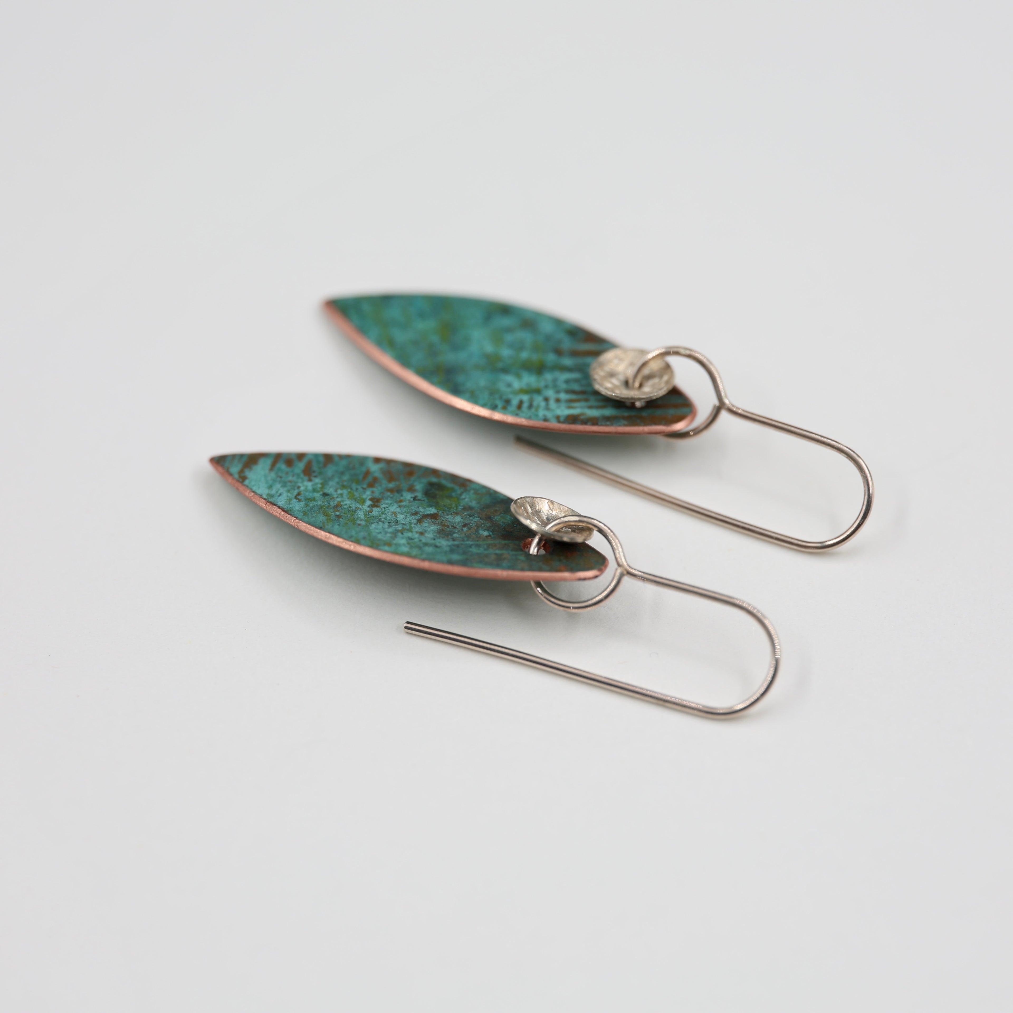 Copper Patina and Silver Disc Earrings - Small Leaf