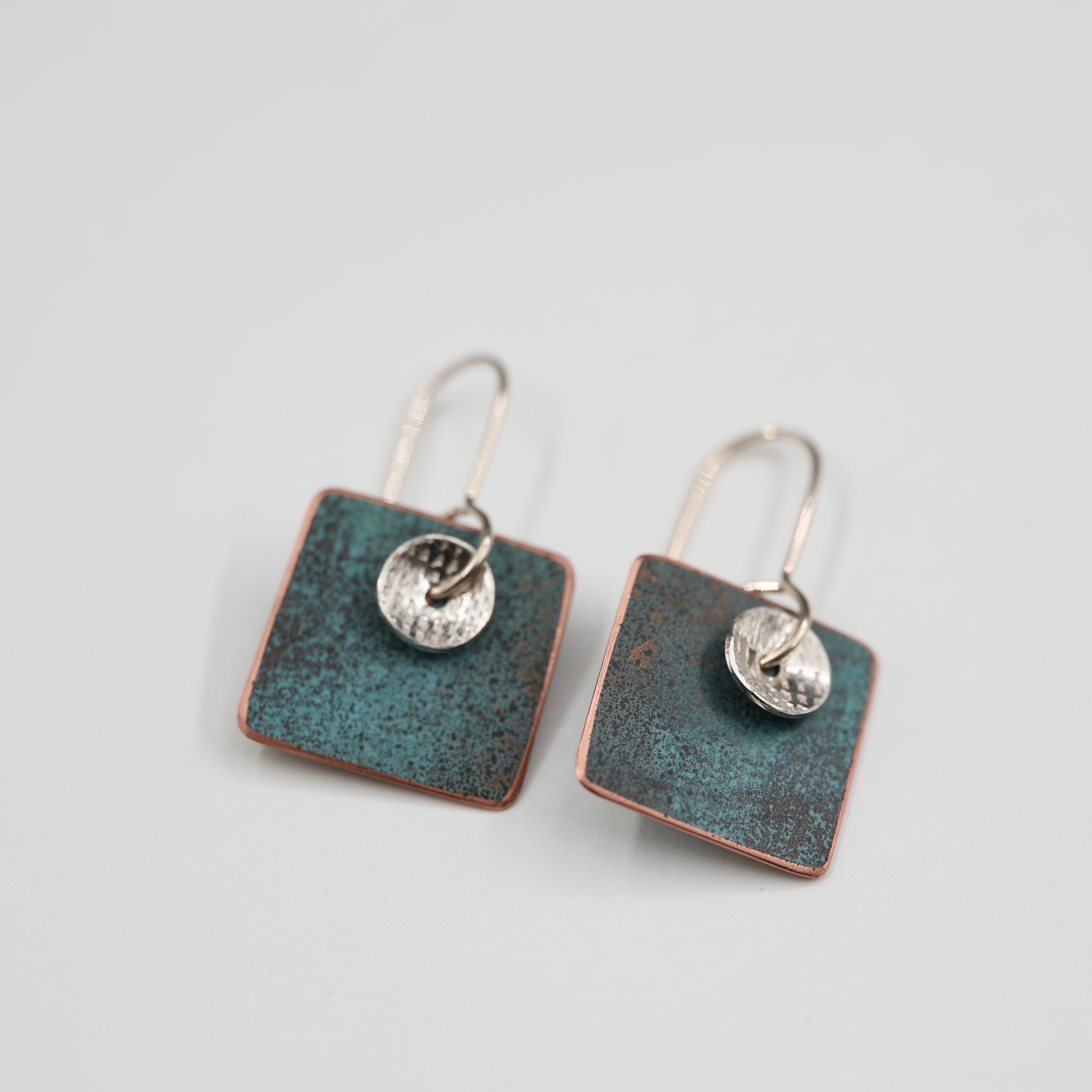 Copper Patina and Silver Disc Earrings - Square