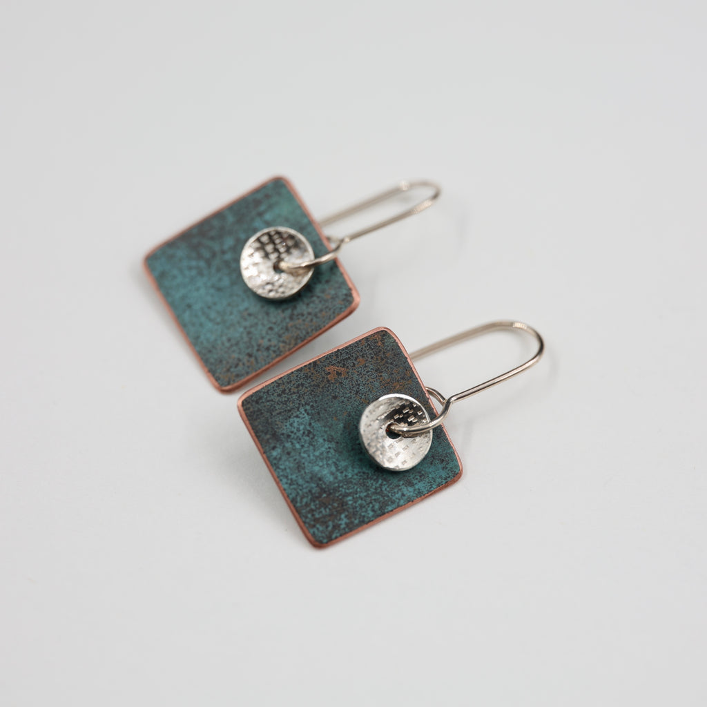 Copper Patina and Silver Disc Earrings - Square