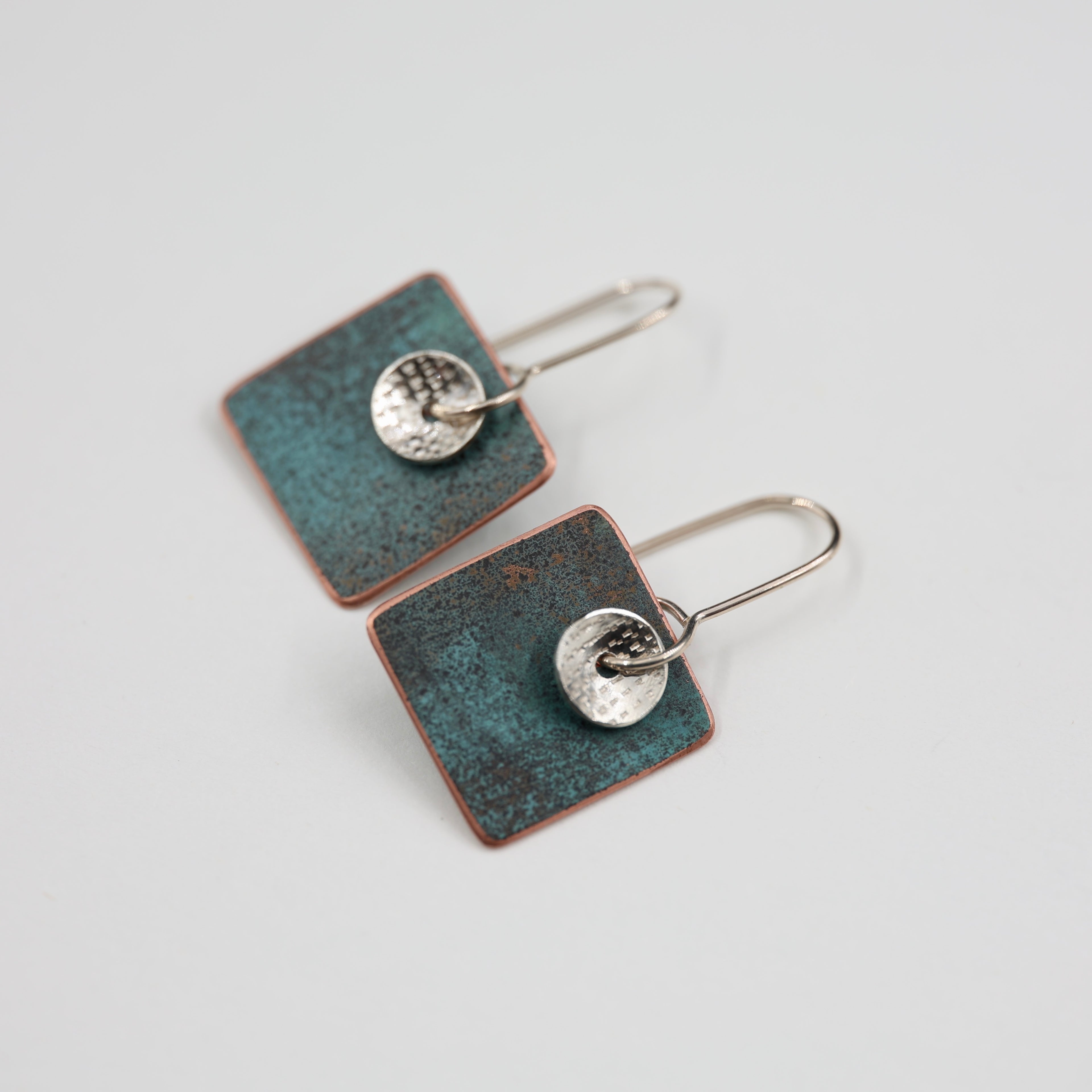 Copper Patina and Silver Disc Earrings - Square