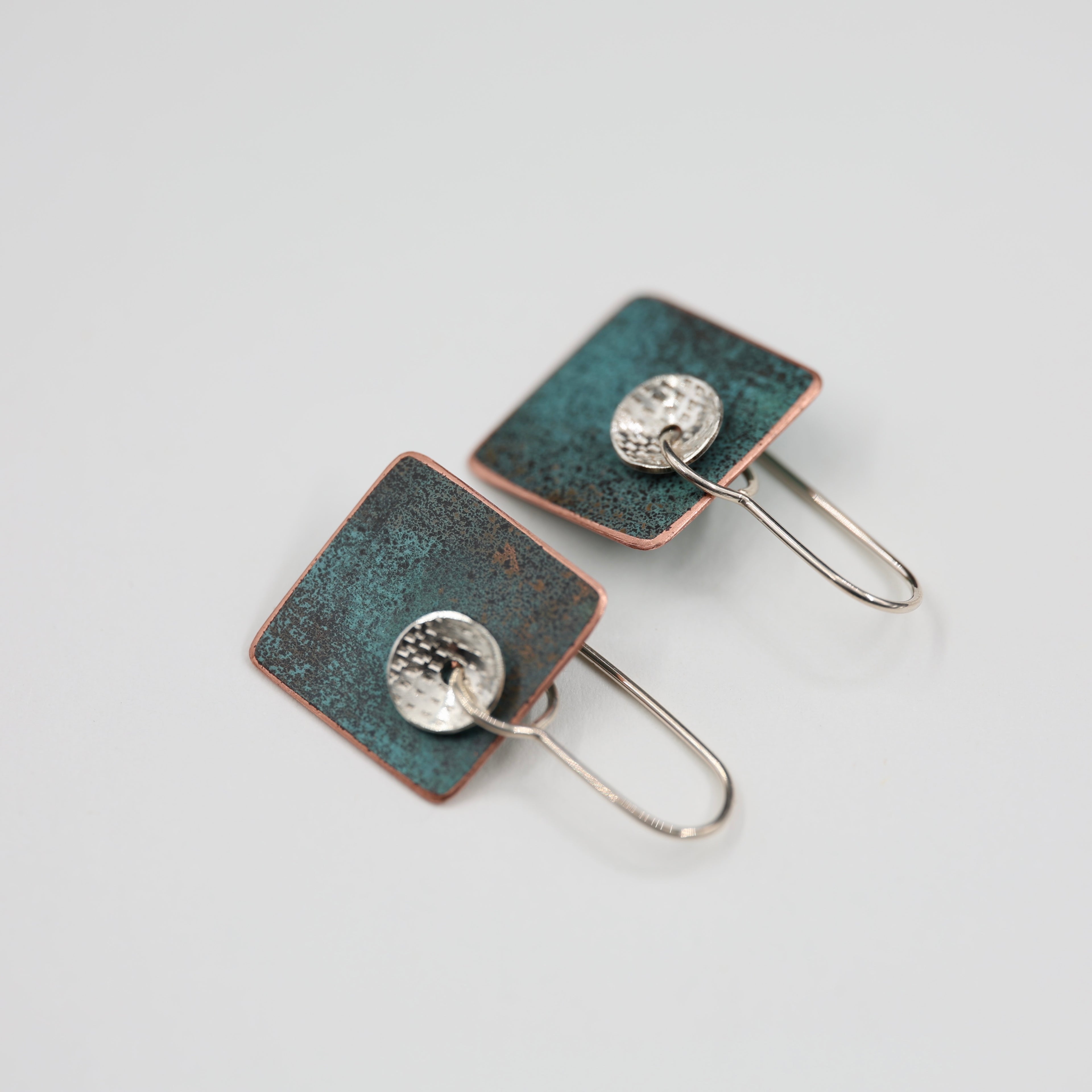 Copper Patina and Silver Disc Earrings - Square