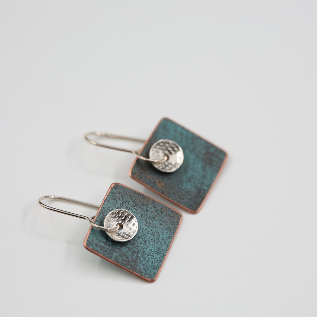 Copper Patina and Silver Disc Earrings - Square