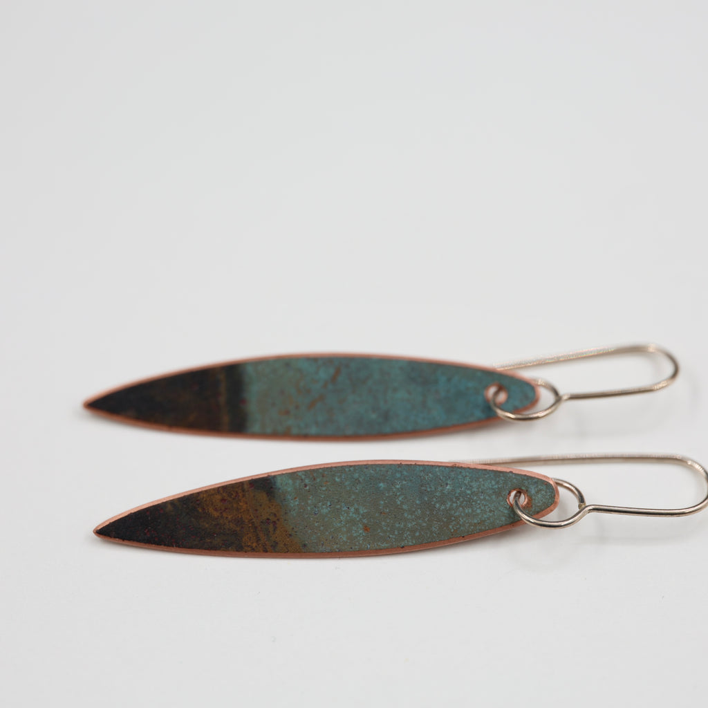 Copper Patina Earrings - Narrow Leaf 3