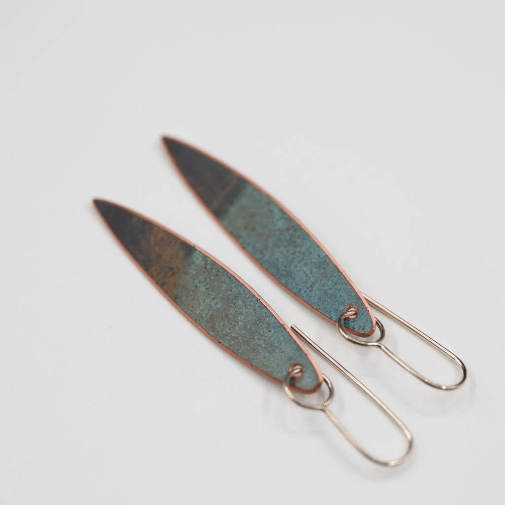 Copper Patina Earrings - Narrow Leaf 3