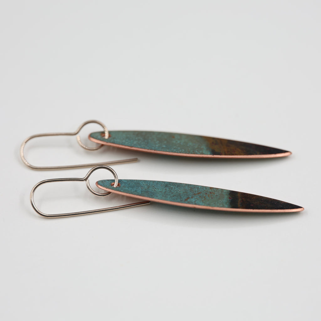 Copper Patina Earrings - Narrow Leaf 3
