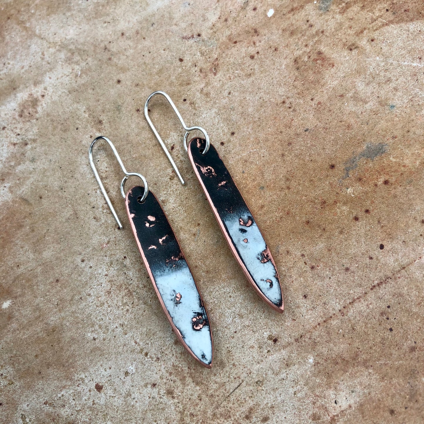 Recycled Copper and Enamel Feather Shape Earrings