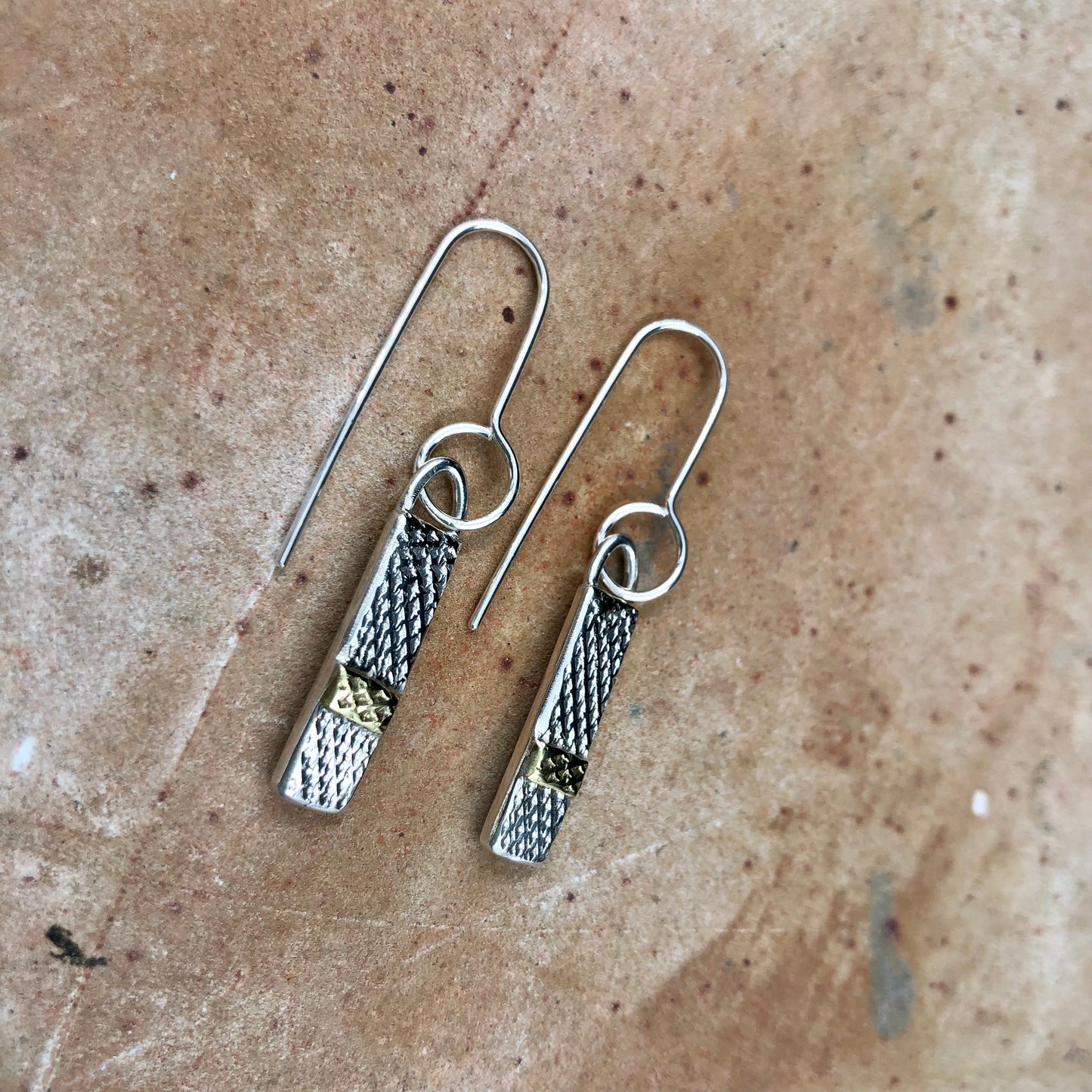 Contemporary Style Silver & Brass Textured Earrings