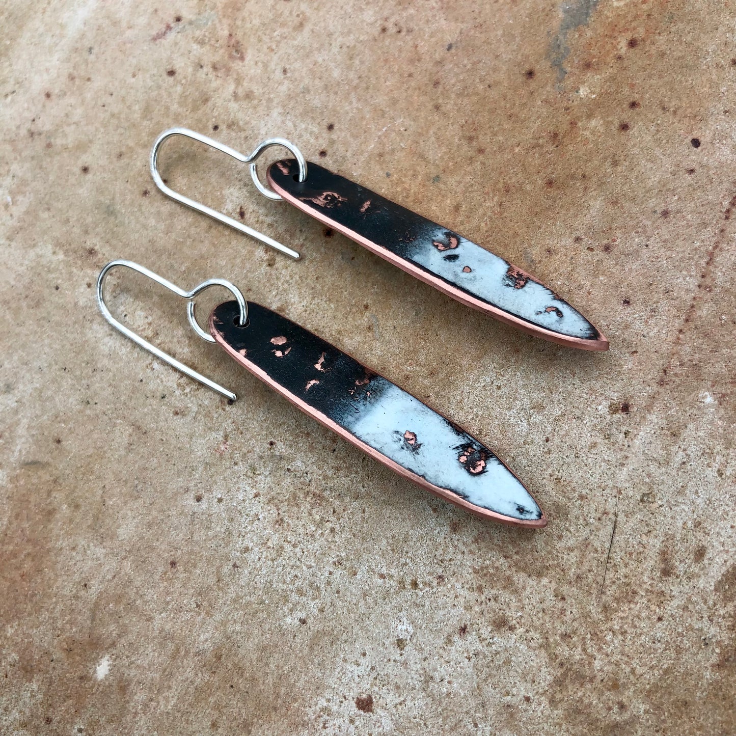 Recycled Copper and Enamel Feather Shape Earrings