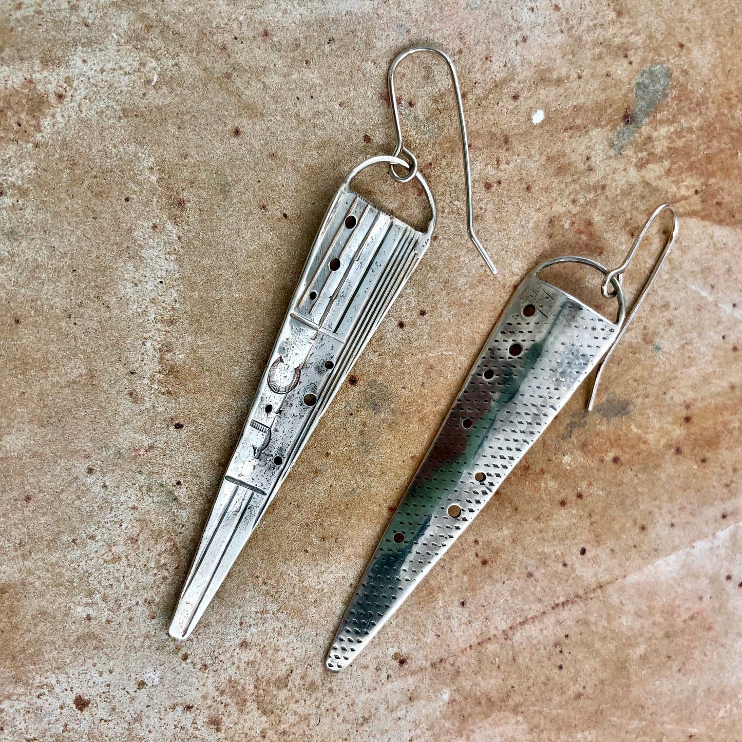 Textured Vintage Silver Long Point Earrings