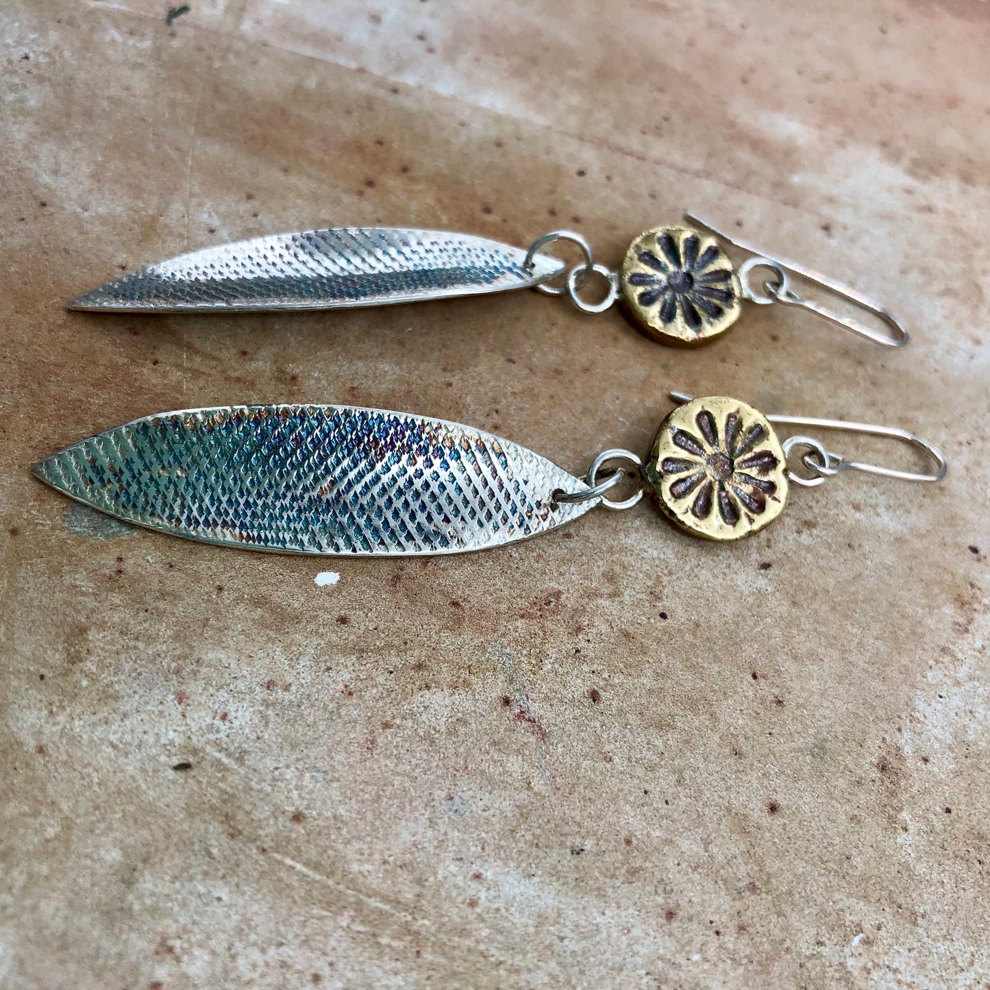 Brass Sun with Silver Leaf Earrings