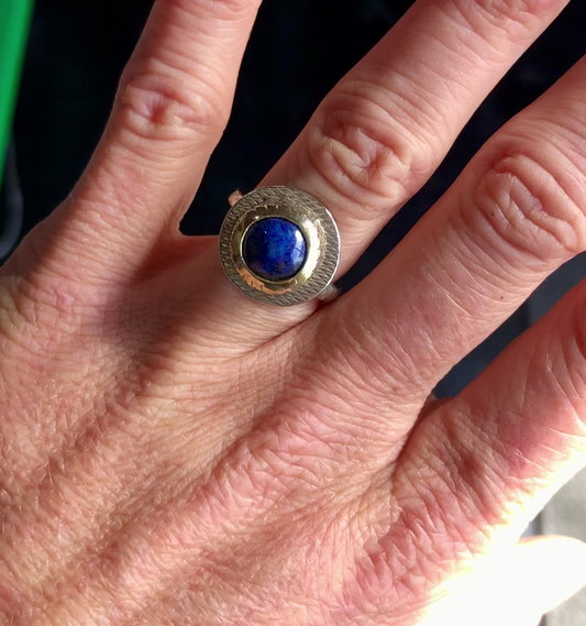 Lapis Lazuli Stone in Vintage Sterling Silver & Brass